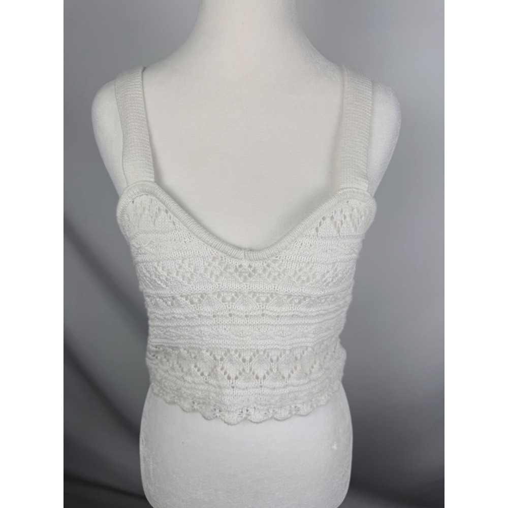 White Crochet Cropped Tank Top Sz S Cotton Cottage Retro Granola Grandma 70s